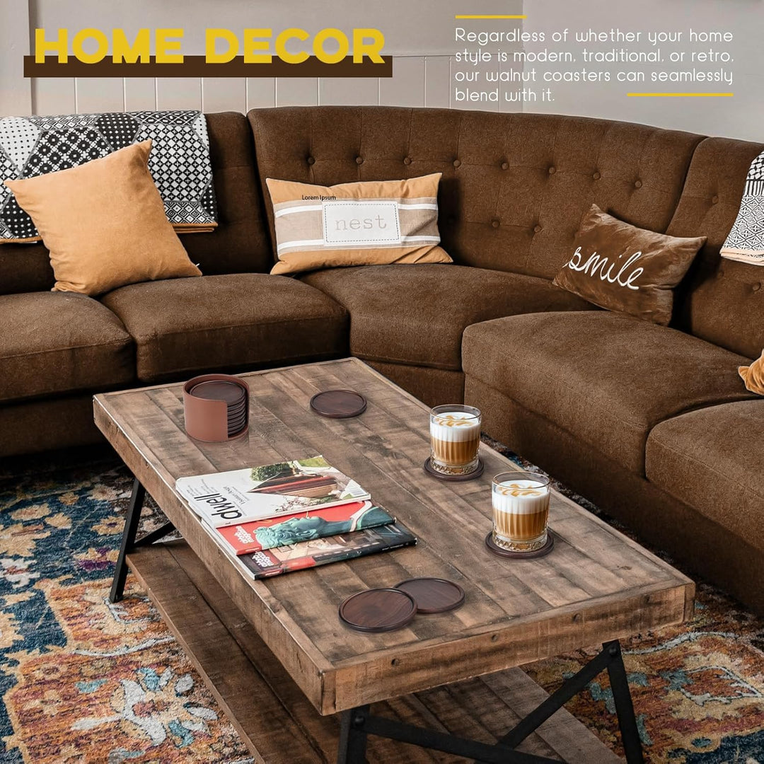 3 Wood Coasters with Leather Holder, GOH DODD Set of 8 Wooden Coaster Set for Drinks Desk Coffee Table Home Kitchen Office Bar, Tabletop Protection Living Room Decor, 4 Inch - Just Closeouts Canada Inc.