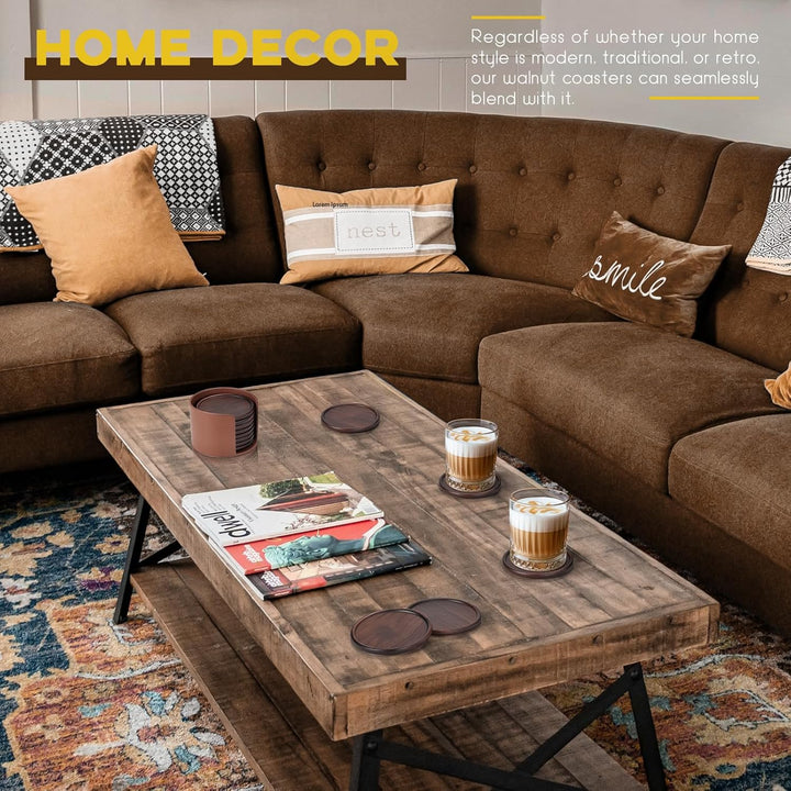 3 Wood Coasters with Leather Holder, GOH DODD Set of 8 Wooden Coaster Set for Drinks Desk Coffee Table Home Kitchen Office Bar, Tabletop Protection Living Room Decor, 4 Inch - Just Closeouts Canada Inc.