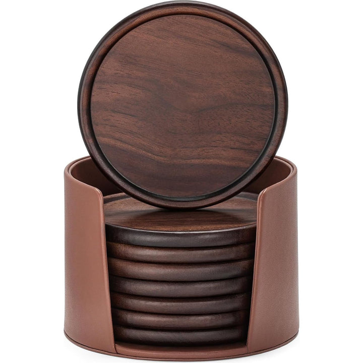 3 Wood Coasters with Leather Holder, GOH DODD Set of 8 Wooden Coaster Set for Drinks Desk Coffee Table Home Kitchen Office Bar, Tabletop Protection Living Room Decor, 4 Inch - Just Closeouts Canada Inc.