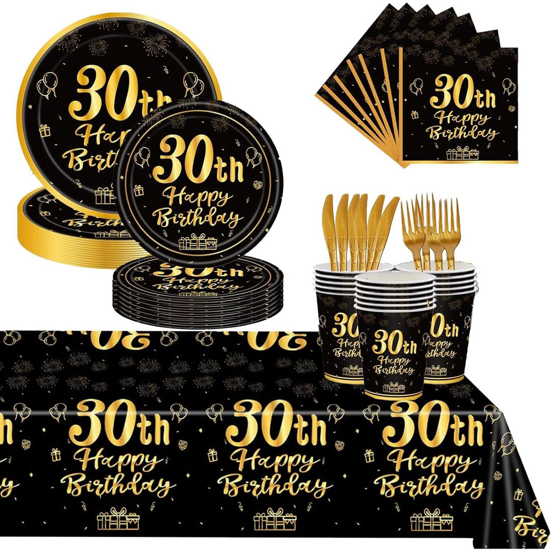 30th Birthday Tableware Set – Black & Gold, 145 Pieces - Just Closeouts Canada Inc.