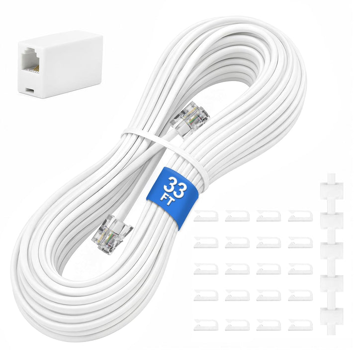 33 ft White RJ11 Telephone Extension Kit with Coupler & 20 Clips - Just Closeouts Canada Inc.
