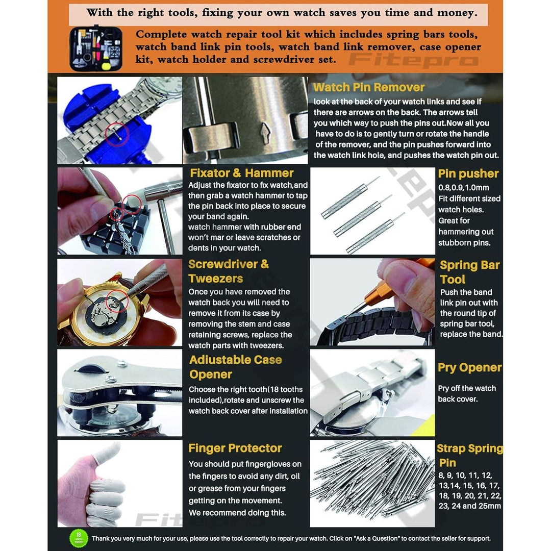 342pcs Watch Repair Kit, Watch Repair Tools Professional Spring Bar Tool Set, Watch Band Link Pin Tool Set with Carrying Case, Watch Battery Replacement Kit, Finger Protectors - Watch Tool Set - Just Closeouts Canada Inc.