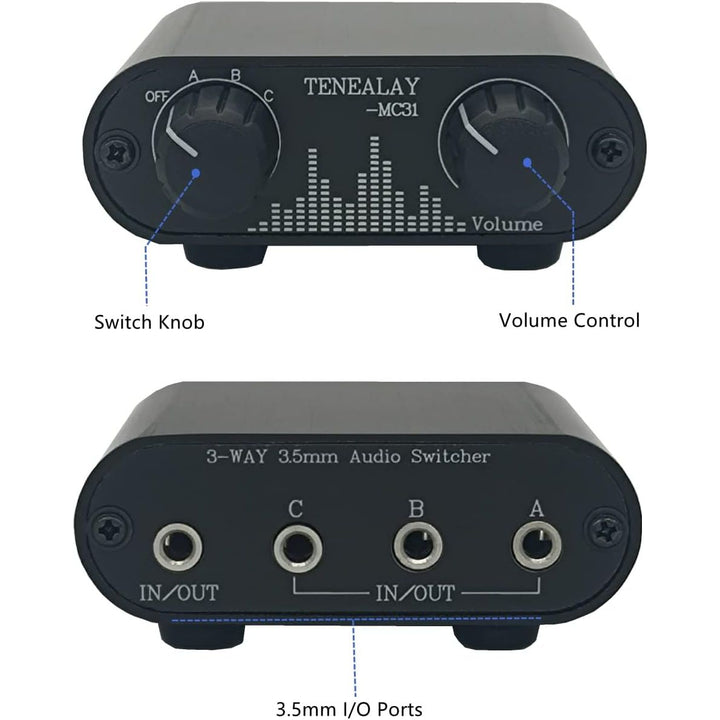 3.5mm Audio Switch with line Volume Controller, 3 in 1 Out 1/8" aux switcher Splitter selector Box, Mini Inline Headphone attenuator Volume Control knob - MC31 - Just Closeouts Canada Inc.