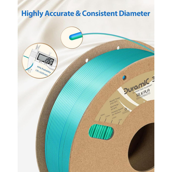 3D PLA Filament 1.75mm 1kg Spool, Jam - Free High Stifness 3D Printing Filament with Cardboard Spool, No - Tangling No - Clogging Dimensional Accuracy 99% +/ - 0.03 mm Silk Blue Green - Just Closeouts Canada Inc.