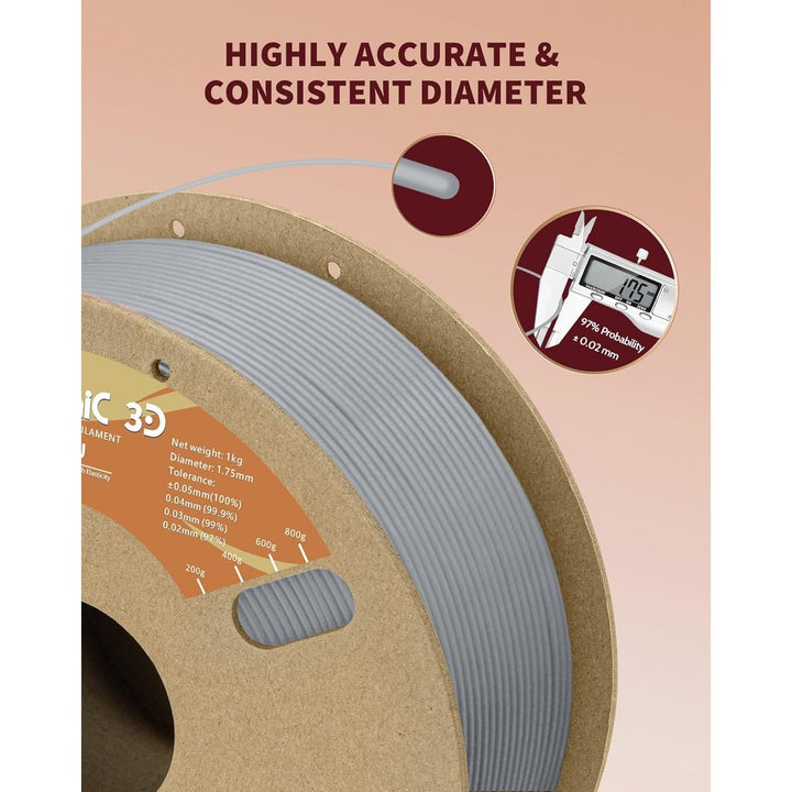 3D TPU Filament 1.75mm Gray, TPU Flexible Filament 95A, Soft TPU 3D Printing Filament, 1kg Spool, Dimensional Accuracy +/ - 0.05mm, Gray 1 Pack - Just Closeouts Canada Inc.