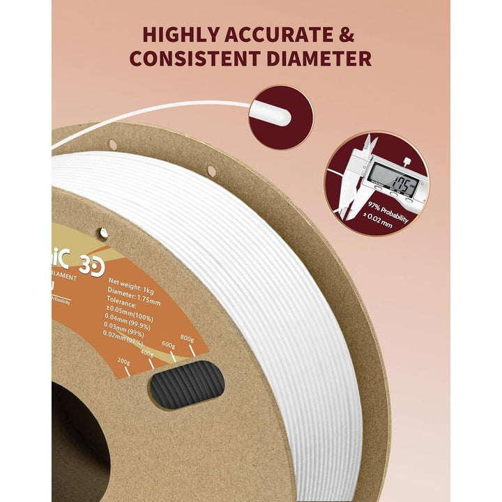 3D TPU Filament 1.75mm White, TPU Flexible Filament 95A, Soft TPU 3D Printing Filament, 1kg Spool, Dimensional Accuracy +/ - 0.05mm, White 1 Pack - Just Closeouts Canada Inc.