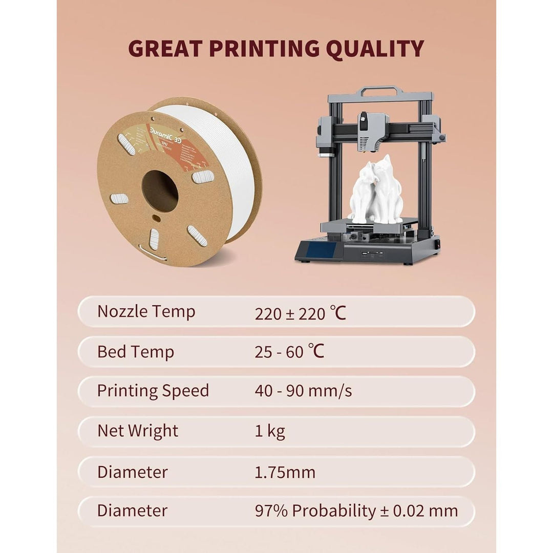 3D TPU Filament 1.75mm White, TPU Flexible Filament 95A, Soft TPU 3D Printing Filament, 1kg Spool, Dimensional Accuracy +/ - 0.05mm, White 1 Pack - Just Closeouts Canada Inc.