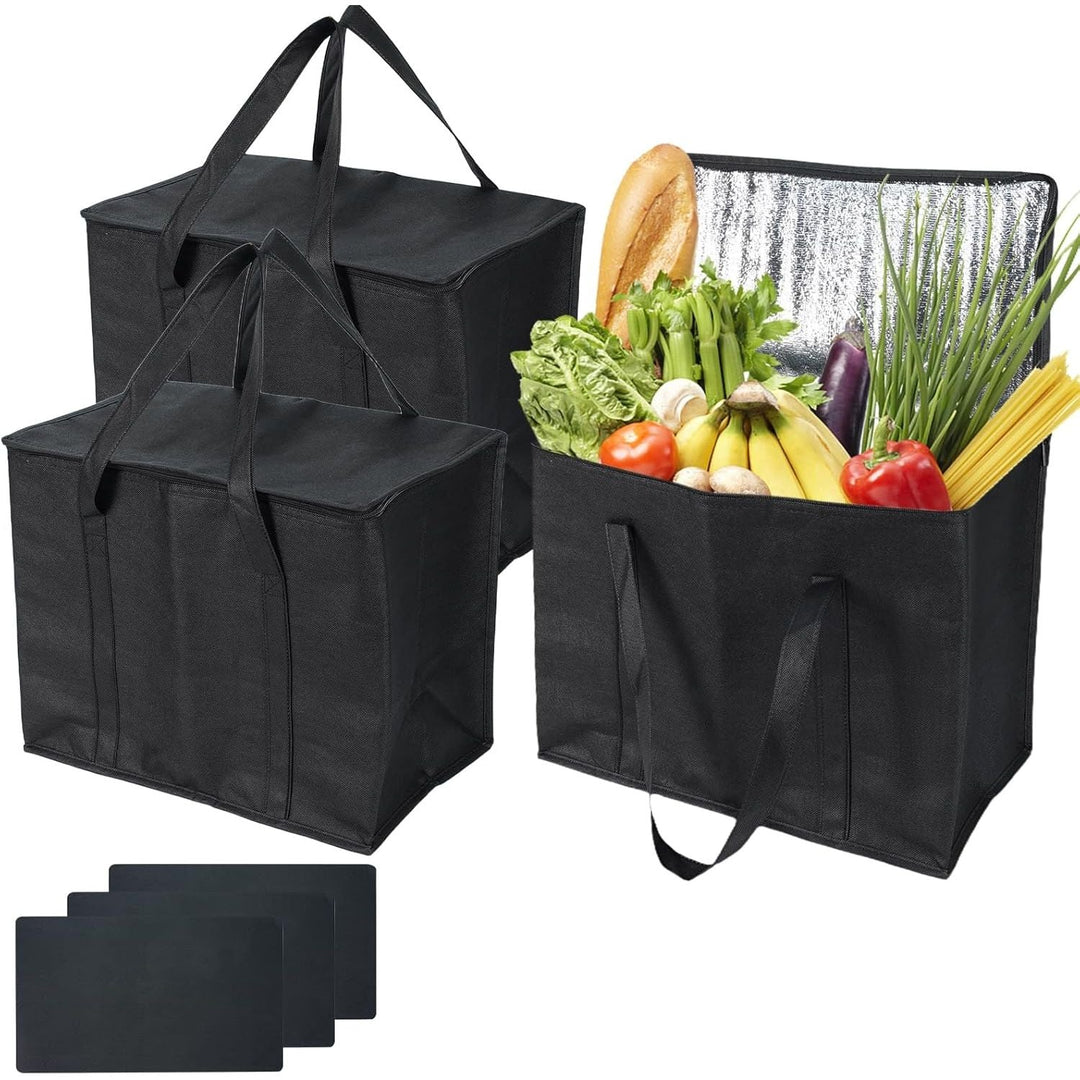 3Pcs Insulated Grocery Shopping Bag, FHDUSRYO 40L Large Black Food Delivery Bags, Durable Thermal Cooler Bags with Handles and Bottom Plates, Reusable Lunch Container for Grocery, Catering - Just Closeouts Canada Inc.