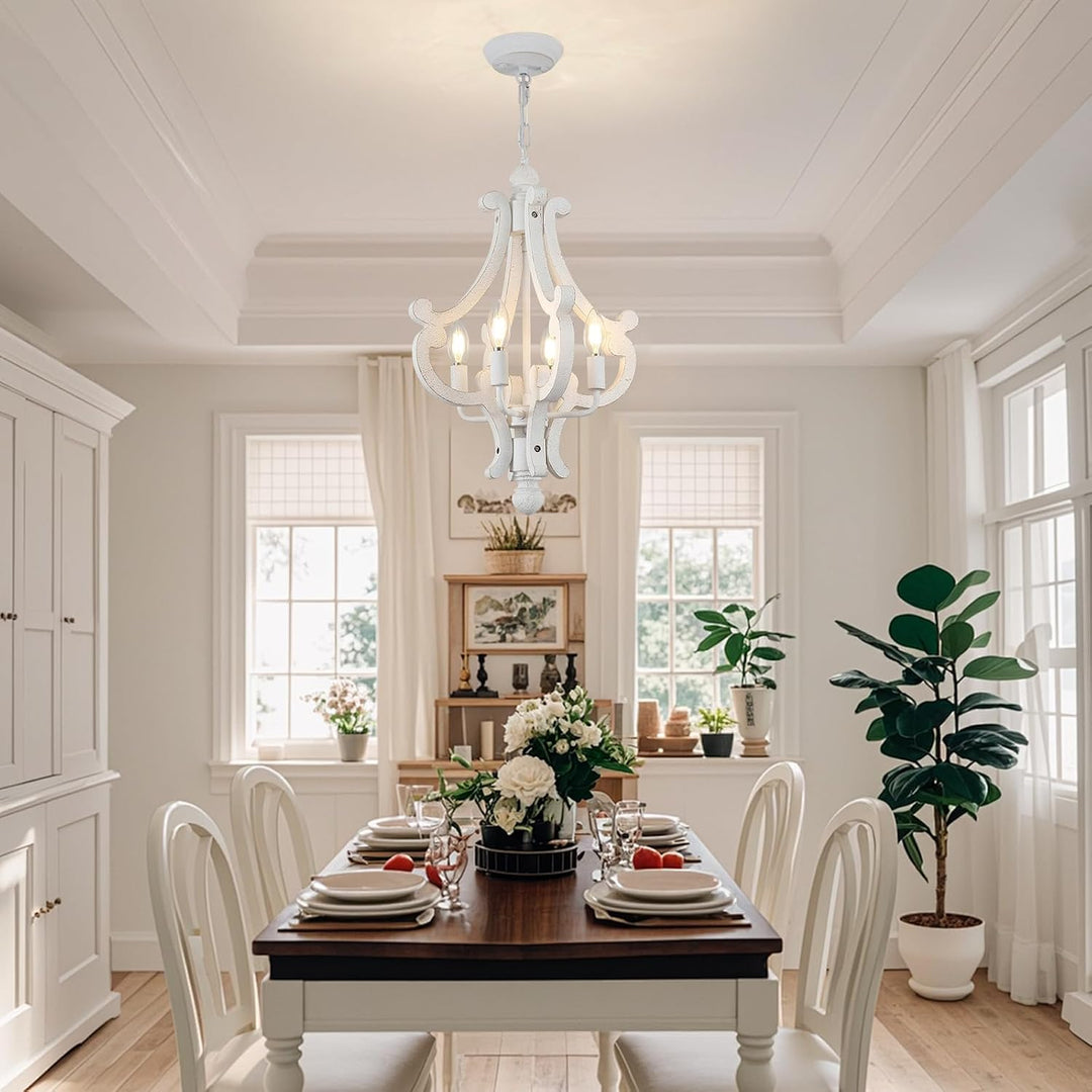 4-Light Distressed White Wooden Farmhouse Chandelier - Just Closeouts Canada Inc.