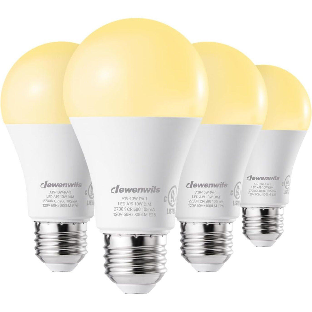 4-Pack Dimmable LED A19 Light Bulb, Soft White Light with Warm Glow, 800 Lumen, 2700K, 10W (60 Watt Equivalent), E26 Medium Screw Base, UL Listed - Just Closeouts Canada Inc.X002N88D93