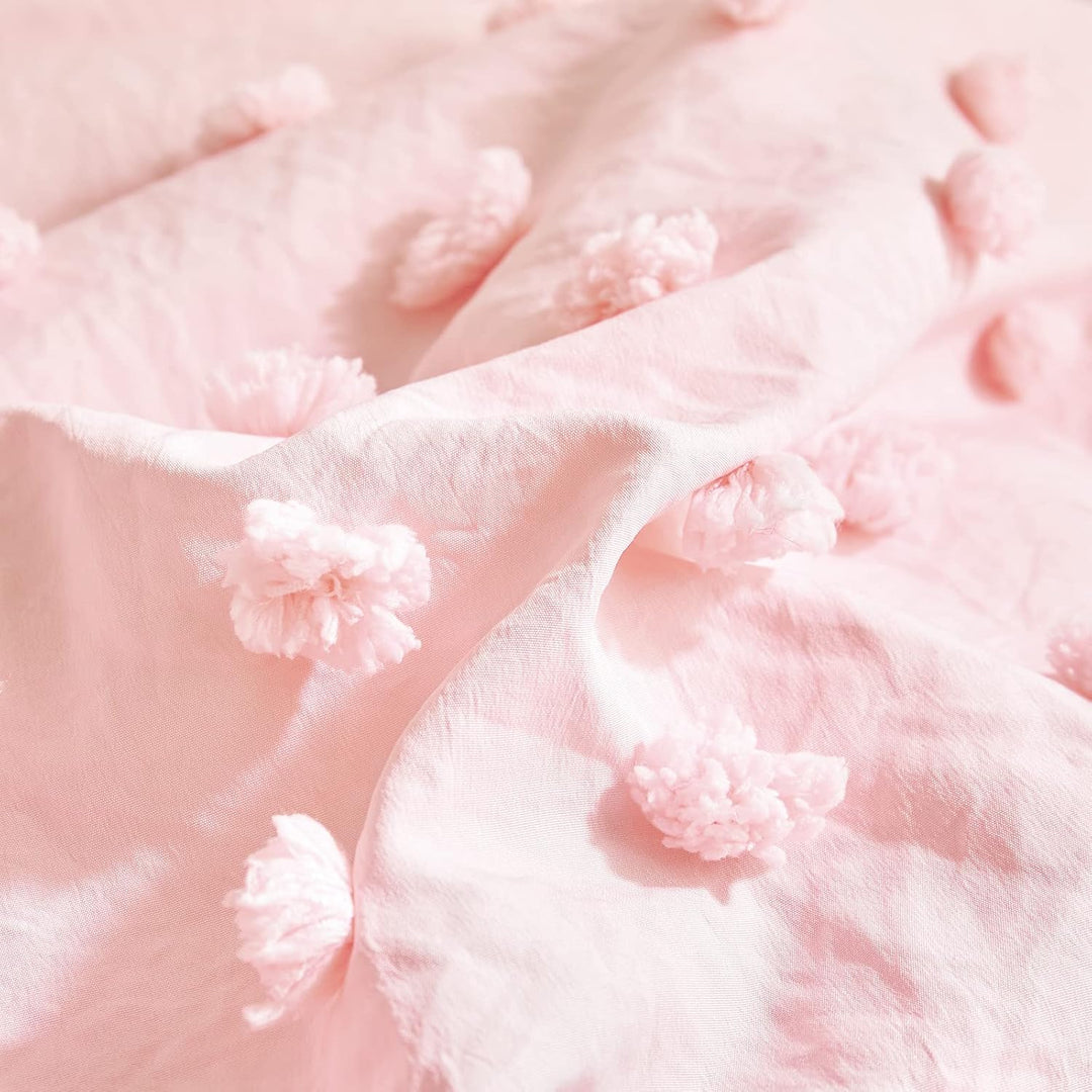 4 Pieces Tufted Dots Toddler Bedding Set Solid Pink Jacquard Pom Pom Tufts, Soft and Embroidery Shabby Chic Boho Design for Baby Girls, Includes Comforter, Flat Sheet, Fitted Sheet and Pillowcase - Just Closeouts Canada Inc.