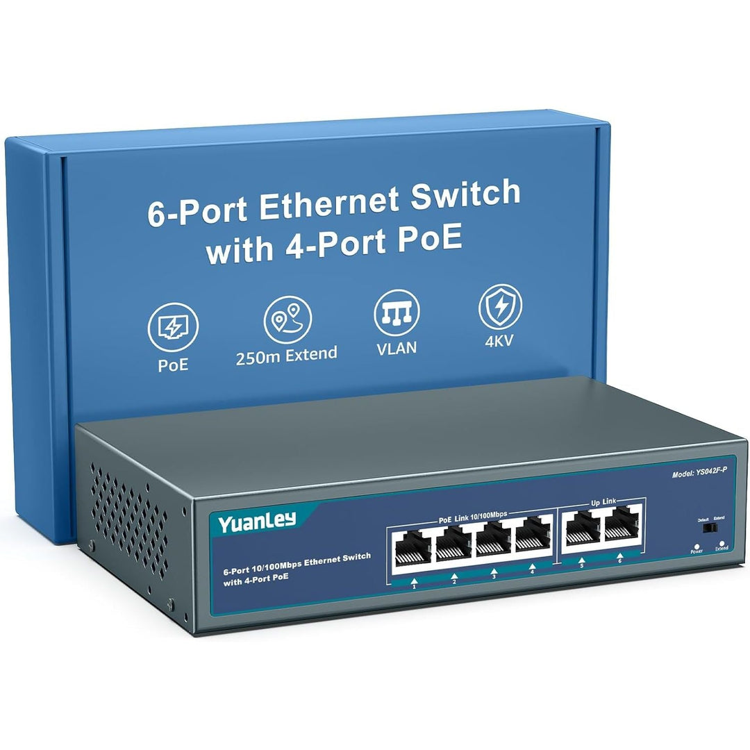 4 Port PoE Switch with 2 Ethernet Uplink, 4 Port PoE+ 100Mbps, 78W 802.3af/at, Extend Function, One - Key VLAN, Metal, Desktop & Wall - Mount, Unmanaged Plug and Play - Just Closeouts Canada Inc.X002IDQCJB