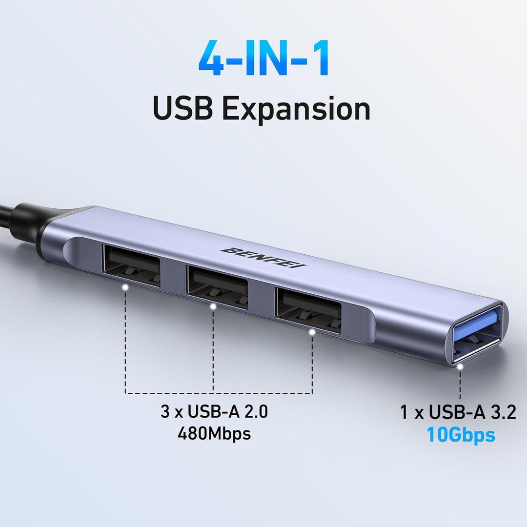 4-Port USB Hub: 1x 10Gbps USB 3.2 + 3X USB 2.0- for Mouse, Keyboard, Flash Drive, Printer - Compatible with Laptop, PC, Xbox, PS5 - Just Closeouts Canada Inc.000417grey
