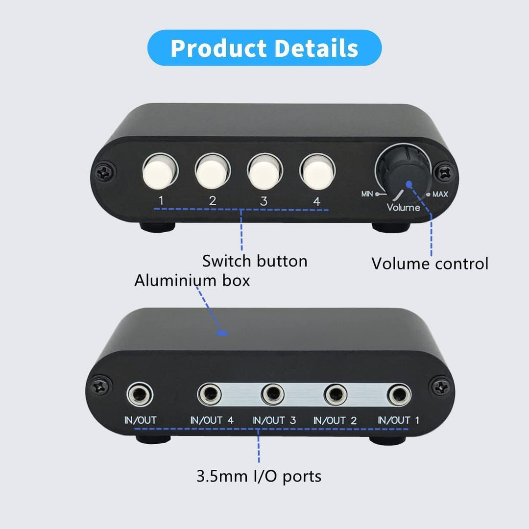 4 - Way 3.5mm Stereo Audio Switch Input Signal Source Switcher Selector Splitter Box with line Volume Controller?4 in 1 Out / 1 port . mm Switch with volume - Just Closeouts Canada Inc.