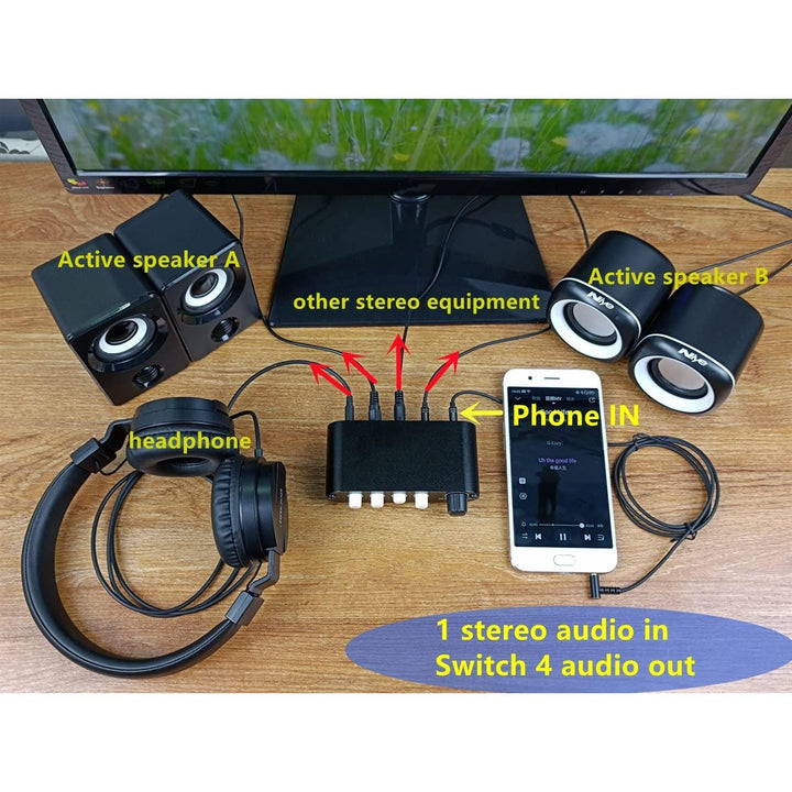 4 - Way 3.5mm Stereo Audio Switch Input Signal Source Switcher Selector Splitter Box with line Volume Controller?4 in 1 Out / 1 port . mm Switch with volume - Just Closeouts Canada Inc.