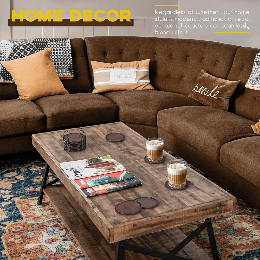 4 Wood Coasters with Metal Holder, GOH DODD Set of 6 Wooden Coaster Set for Drinks Desk Coffee Table Home Kitchen Office Bar, Tabletop Protection Living Room Decor, 4 Inch - Just Closeouts Canada Inc.