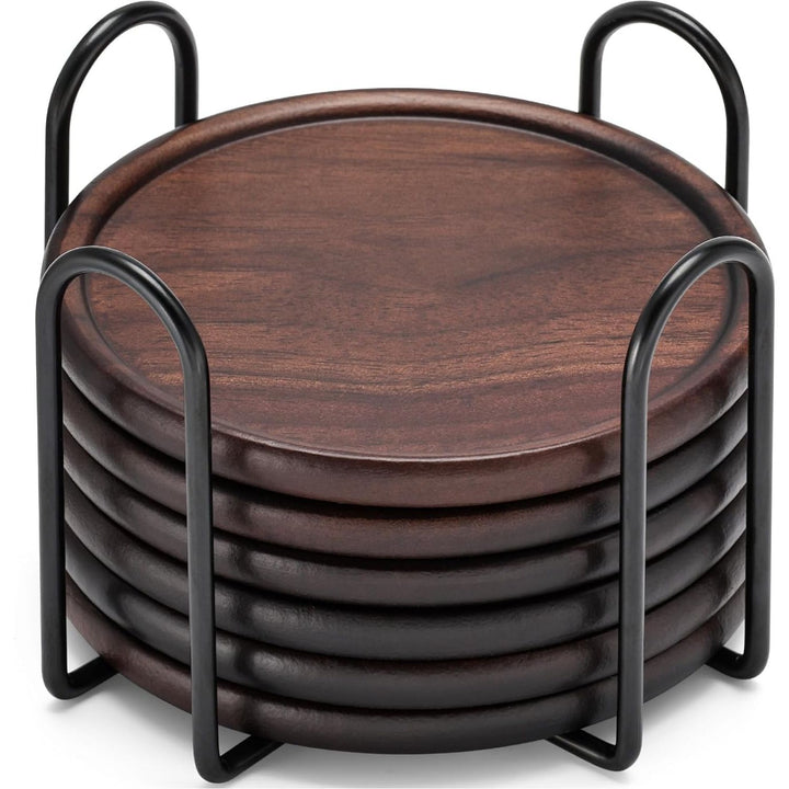 4 Wood Coasters with Metal Holder, GOH DODD Set of 6 Wooden Coaster Set for Drinks Desk Coffee Table Home Kitchen Office Bar, Tabletop Protection Living Room Decor, 4 Inch - Just Closeouts Canada Inc.