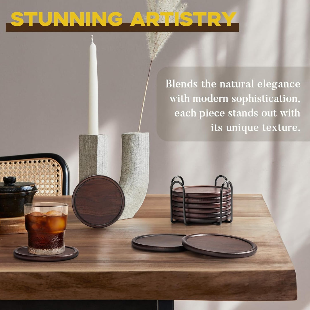 4 Wood Coasters with Metal Holder, GOH DODD Set of 6 Wooden Coaster Set for Drinks Desk Coffee Table Home Kitchen Office Bar, Tabletop Protection Living Room Decor, 4 Inch - Just Closeouts Canada Inc.