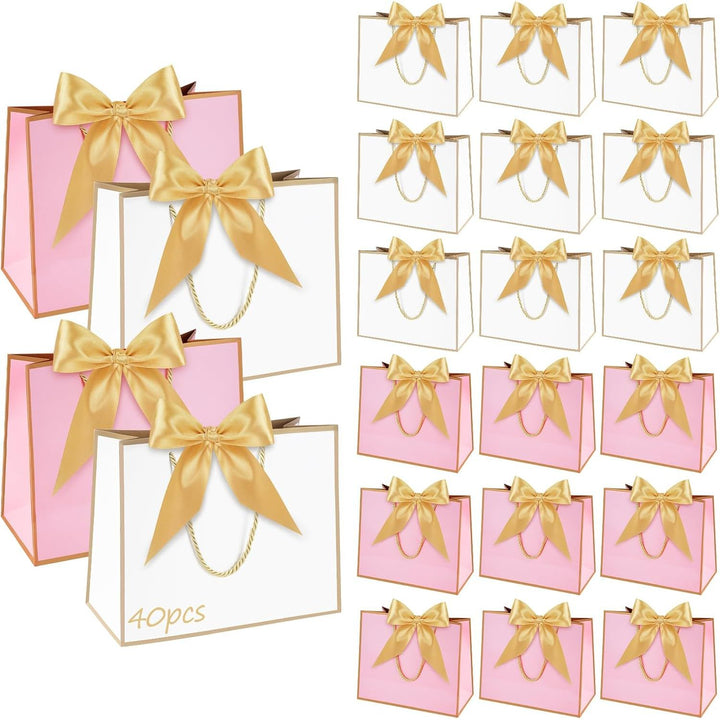 40 Mini Gift Bags with Bows, White and Pink - Just Closeouts Canada Inc.