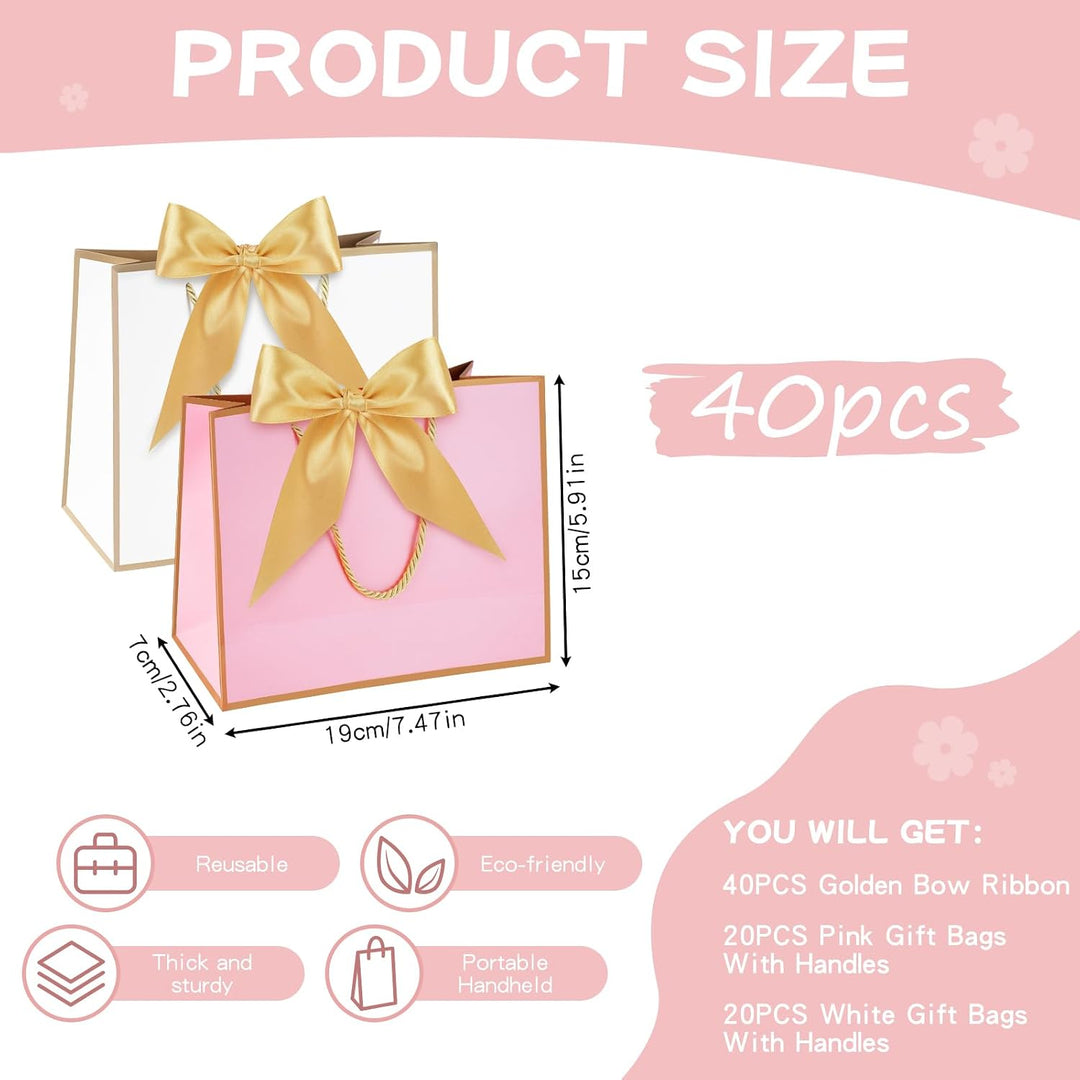 40 Mini Gift Bags with Bows, White and Pink - Just Closeouts Canada Inc.