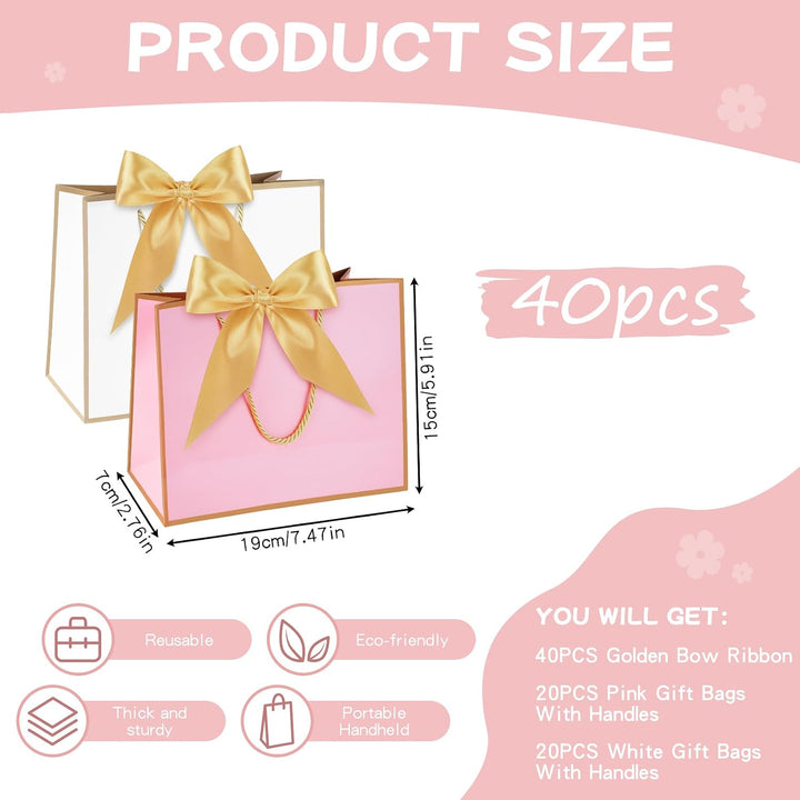 40 Mini Gift Bags with Bows, White and Pink - Just Closeouts Canada Inc.