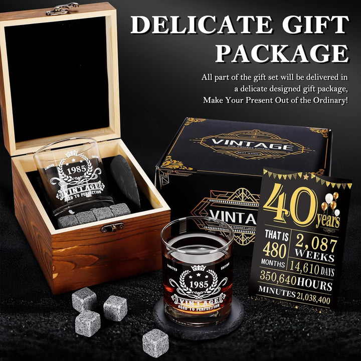 40th Birthday Gifts for Men,Vintage 1985 Whiskey Glass Set,Wood Box &1985 Poster Anniversary Card & Whiskey Stones & Coaster,Bday Gifts Ideas for Him, Dad, Husband - Just Closeouts Canada Inc.