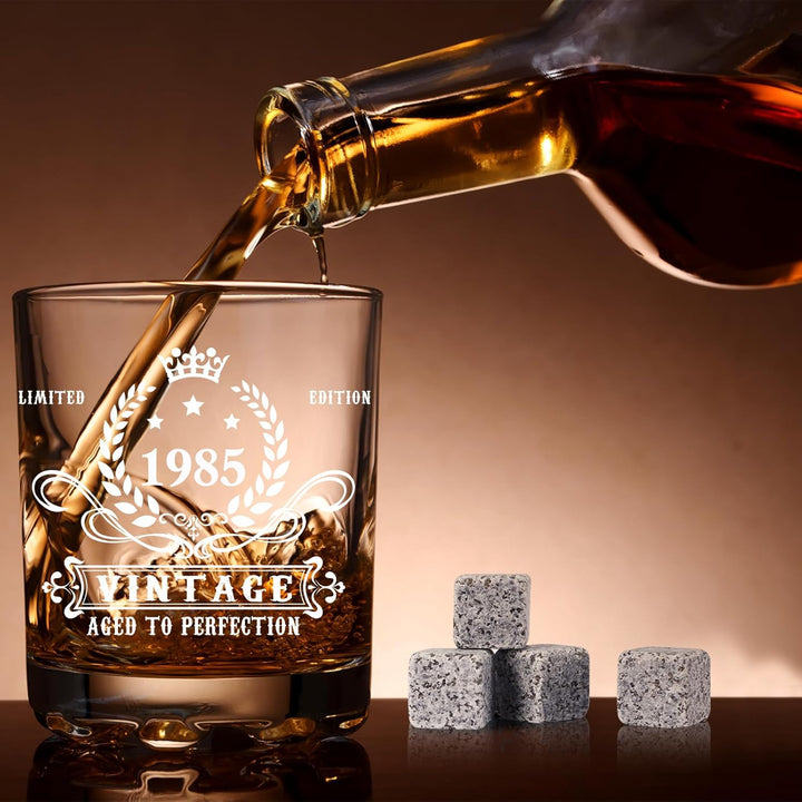 40th Birthday Gifts for Men,Vintage 1985 Whiskey Glass Set,Wood Box &1985 Poster Anniversary Card & Whiskey Stones & Coaster,Bday Gifts Ideas for Him, Dad, Husband - Just Closeouts Canada Inc.