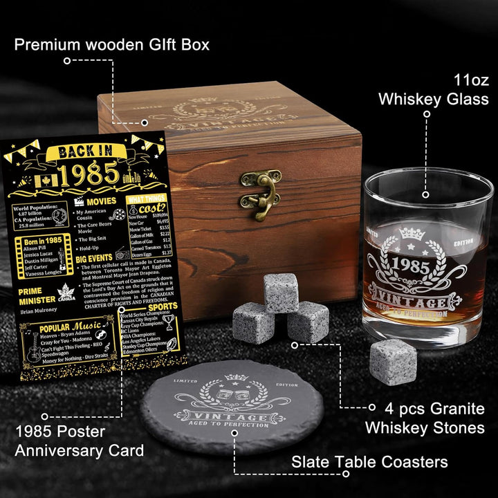 40th Birthday Gifts for Men,Vintage 1985 Whiskey Glass Set,Wood Box &1985 Poster Anniversary Card & Whiskey Stones & Coaster,Bday Gifts Ideas for Him, Dad, Husband - Just Closeouts Canada Inc.