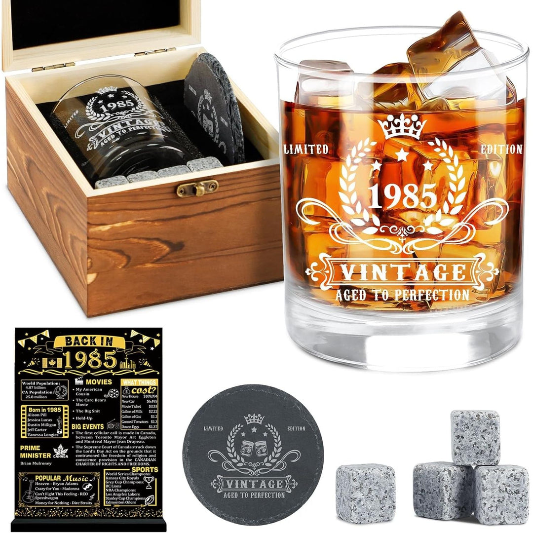 40th Birthday Gifts for Men,Vintage 1985 Whiskey Glass Set,Wood Box &1985 Poster Anniversary Card & Whiskey Stones & Coaster,Bday Gifts Ideas for Him, Dad, Husband - Just Closeouts Canada Inc.