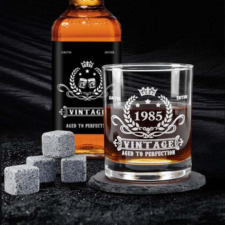 40th Birthday Gifts for Men,Vintage 1985 Whiskey Glass Set,Wood Box &1985 Poster Anniversary Card & Whiskey Stones & Coaster,Bday Gifts Ideas for Him, Dad, Husband - Just Closeouts Canada Inc.