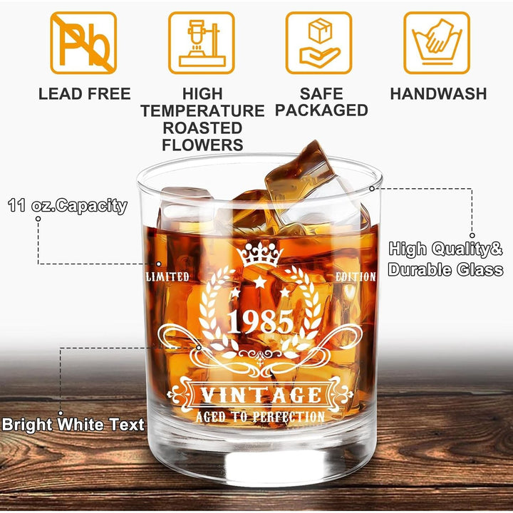 40th Birthday Gifts for Men,Vintage 1985 Whiskey Glass Set,Wood Box &1985 Poster Anniversary Card & Whiskey Stones & Coaster,Bday Gifts Ideas for Him, Dad, Husband - Just Closeouts Canada Inc.