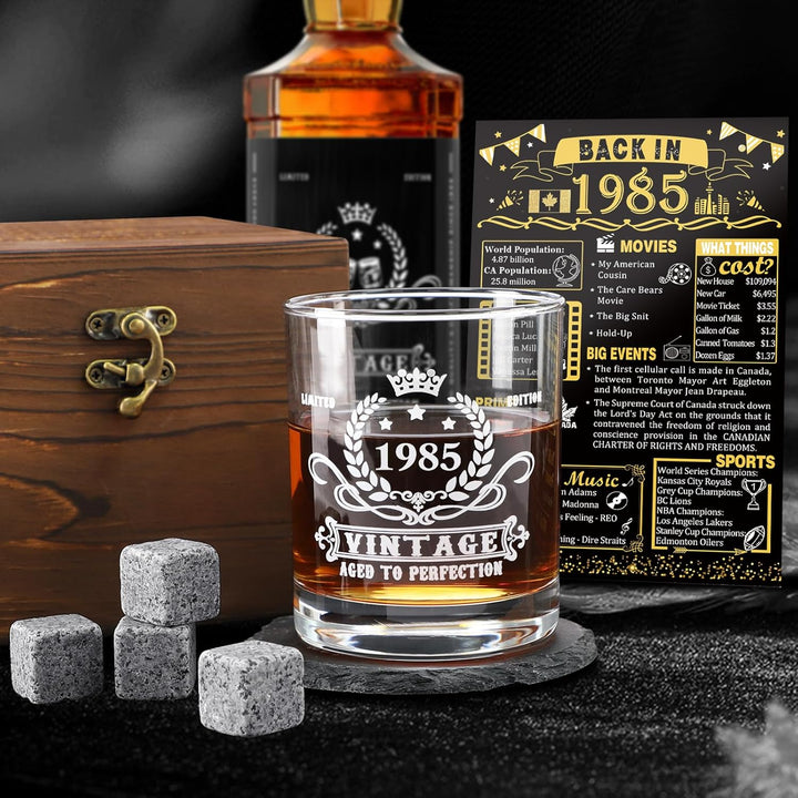 40th Birthday Gifts for Men,Vintage 1985 Whiskey Glass Set,Wood Box &1985 Poster Anniversary Card & Whiskey Stones & Coaster,Bday Gifts Ideas for Him, Dad, Husband - Just Closeouts Canada Inc.