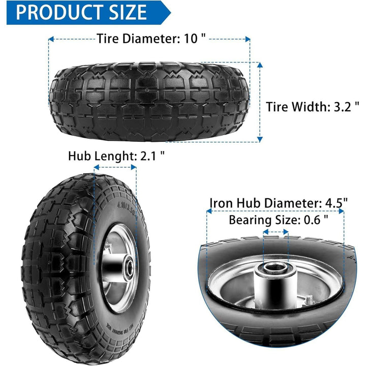 4.10/3.50 - 4 Tires and Wheels Flat Free 10 Inch Solid Tires Replacement with 5/8" Axle Bore Hole, 16 Spacers 8 Pins, for Garden Cart, Garden Wagon, Wheelbarrow, Hand Truck, Trolley, Lawn Mower，4P - Just Closeouts Canada Inc.