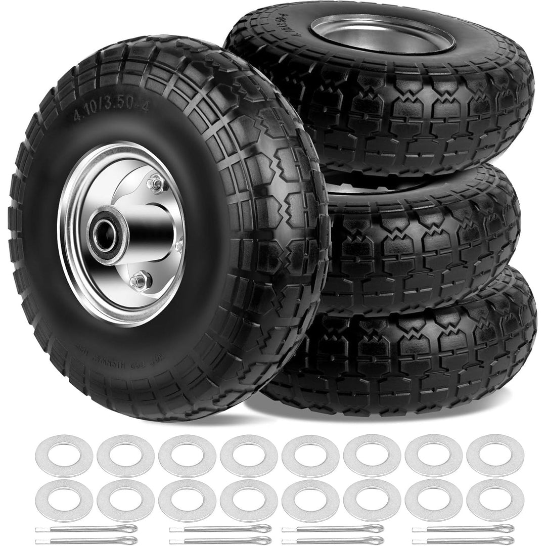 4.10/3.50 - 4 Tires and Wheels Flat Free 10 Inch Solid Tires Replacement with 5/8" Axle Bore Hole, 16 Spacers 8 Pins, for Garden Cart, Garden Wagon, Wheelbarrow, Hand Truck, Trolley, Lawn Mower，4P - Just Closeouts Canada Inc.
