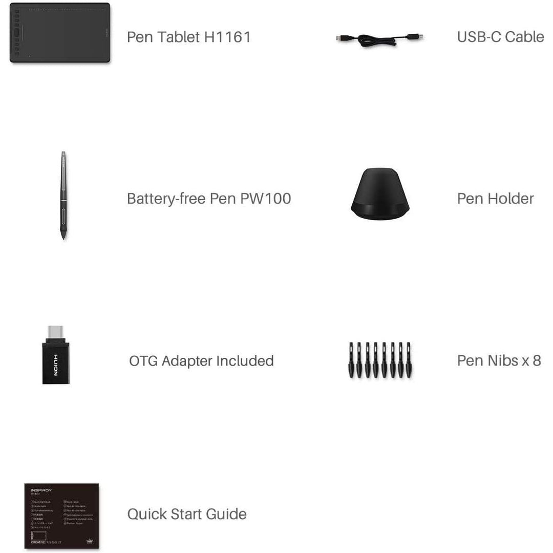 Inspiroy H1161 Graphics Drawing Tablets, Touch Strip and 8192 Pen Pressure Sketch Tablet with Battery-Free Stylus,10 Shortcut Keys, Compatible with Android, Windows, and Mac Black