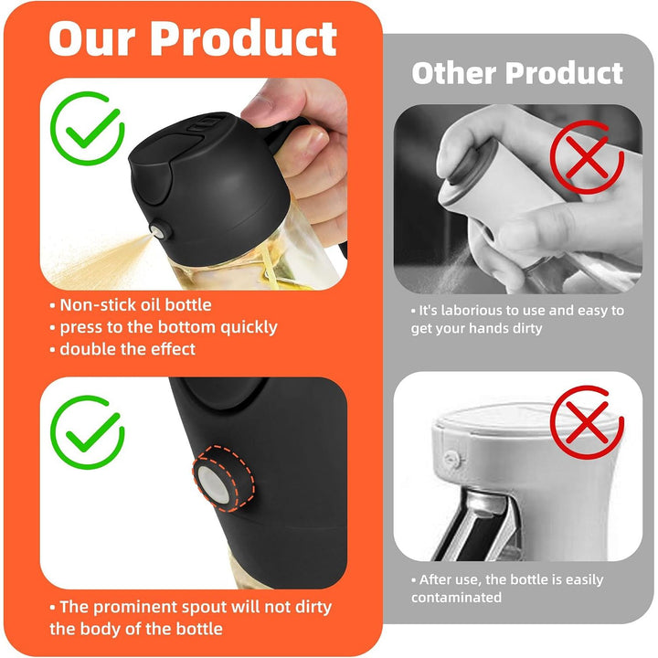 470ml Olive Oil Spray Bottle for Kitchen Gadgets - 2 in 1 Olive Oil Dispenser Bottle and Air Fryer Accessories for Cooking, Salad and BBQ - Black - Just Closeouts Canada Inc.