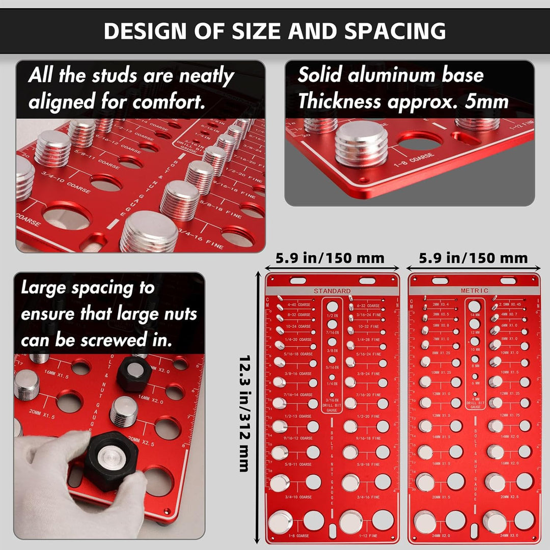 48 Thread Checker, Nut and Bolt Thread Checker, 24 Standard & 24 Metric Thread Size, 12 Drill Bit Gauge, Wall Mount Thread Identifier Board, Red - Just Closeouts Canada Inc.