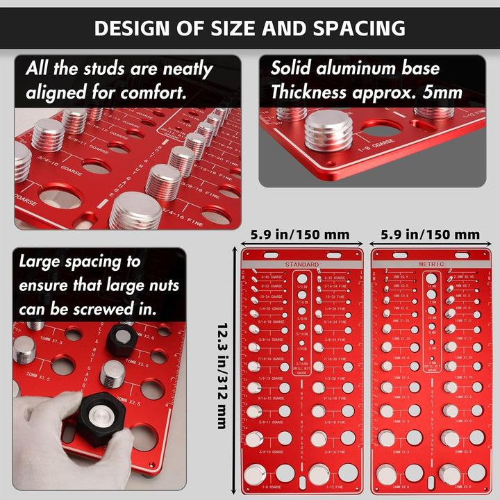 48 Thread Checker, Nut and Bolt Thread Checker, 24 Standard & 24 Metric Thread Size, 12 Drill Bit Gauge, Wall Mount Thread Identifier Board, Red - Just Closeouts Canada Inc.