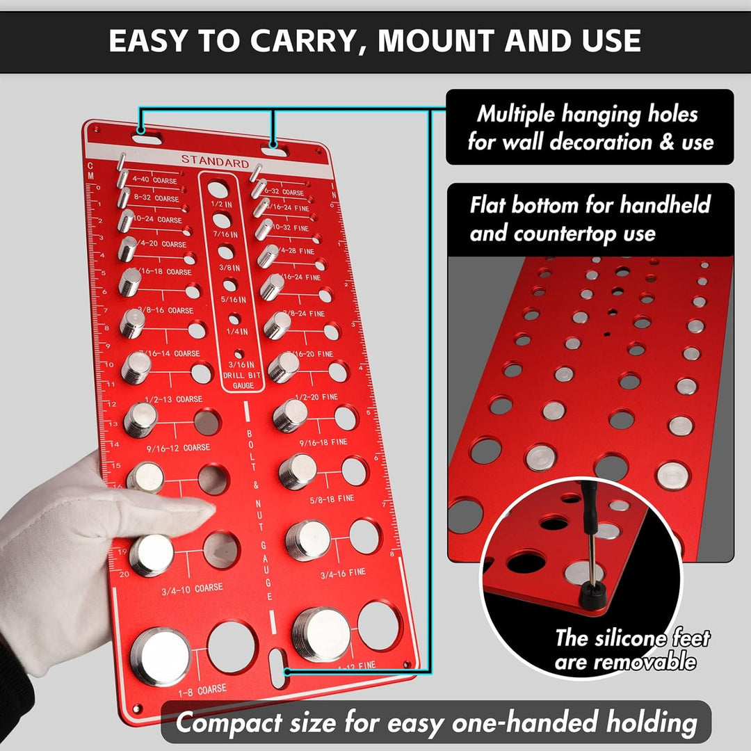 48 Thread Checker, Nut and Bolt Thread Checker, 24 Standard & 24 Metric Thread Size, 12 Drill Bit Gauge, Wall Mount Thread Identifier Board, Red - Just Closeouts Canada Inc.