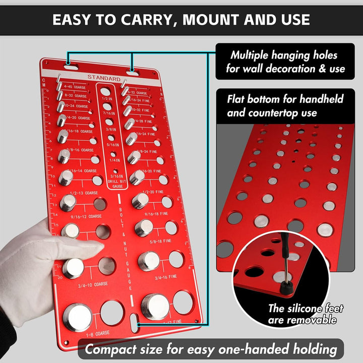 48 Thread Checker, Nut and Bolt Thread Checker, 24 Standard & 24 Metric Thread Size, 12 Drill Bit Gauge, Wall Mount Thread Identifier Board, Red - Just Closeouts Canada Inc.