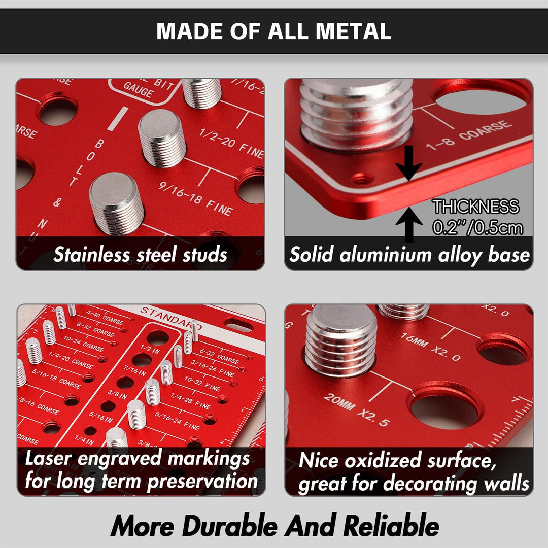 48 Thread Checker, Nut and Bolt Thread Checker, 24 Standard & 24 Metric Thread Size, 12 Drill Bit Gauge, Wall Mount Thread Identifier Board, Red - Just Closeouts Canada Inc.