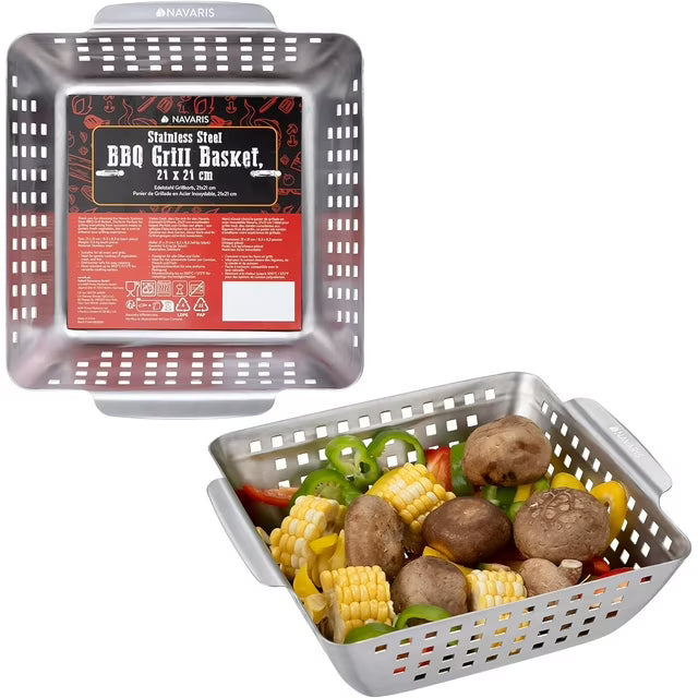 Navaris Stainless Steel BBQ Grill Basket - 8.3"x8.3" (21x21cm) BBQ Grill Pan w Heavy-Duty Design & Perfect Heat Distribution for Best Results - Easy to Use & Clean for Any Griller