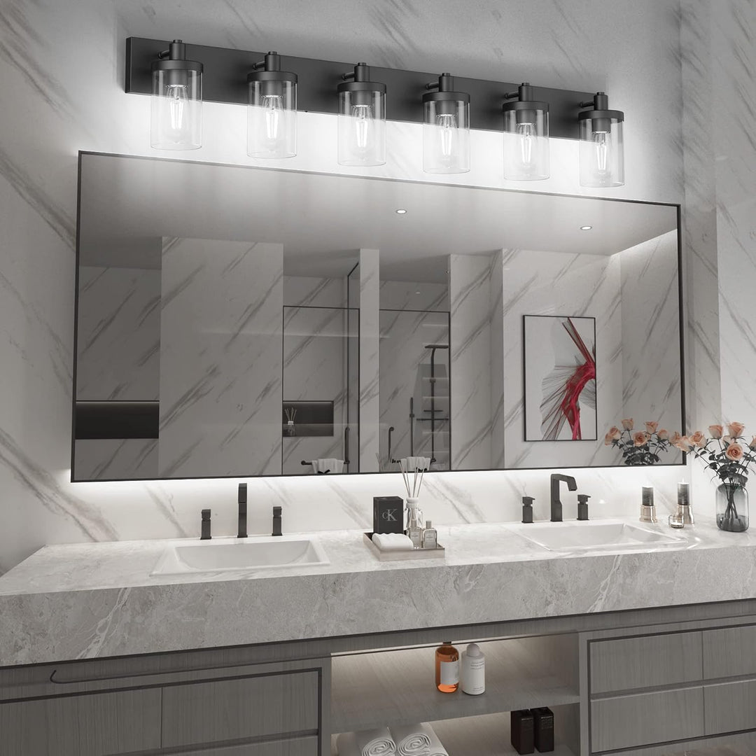 48in Vanity Light Black Bathroom Vanity Lighting Fixtures 6 Light Bathroom Light Fixtures with Clear Glass Shade(Exclude Bulb) - Just Closeouts Canada Inc.X003DZPELZ