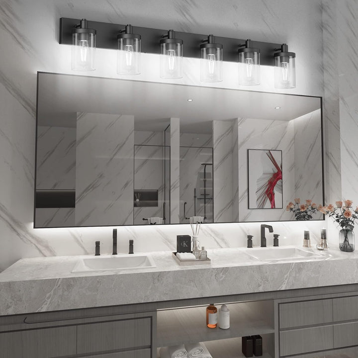 48in Vanity Light Black Bathroom Vanity Lighting Fixtures 6 Light Bathroom Light Fixtures with Clear Glass Shade(Exclude Bulb) - Just Closeouts Canada Inc.X003DZPELZ