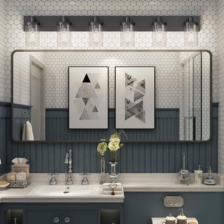 48in Vanity Light Black Bathroom Vanity Lighting Fixtures 6 Light Bathroom Light Fixtures with Clear Glass Shade(Exclude Bulb) - Just Closeouts Canada Inc.X003DZPELZ