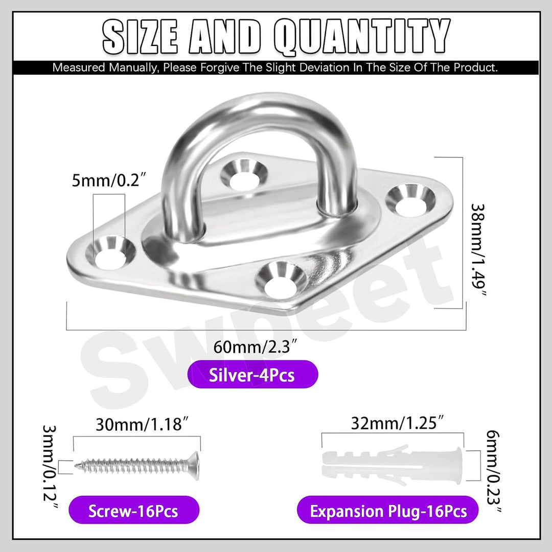 4Pcs M5 304 Stainless Steel Silver Rhombus Pad Eye Plate Hook with Screws and Plastic Anchors Assortment Kit, Marine Hardware Hooks Ceiling U Hook Staple Ring Hook for Securing Hanging - Just Closeouts Canada Inc.X004I3ZPVP