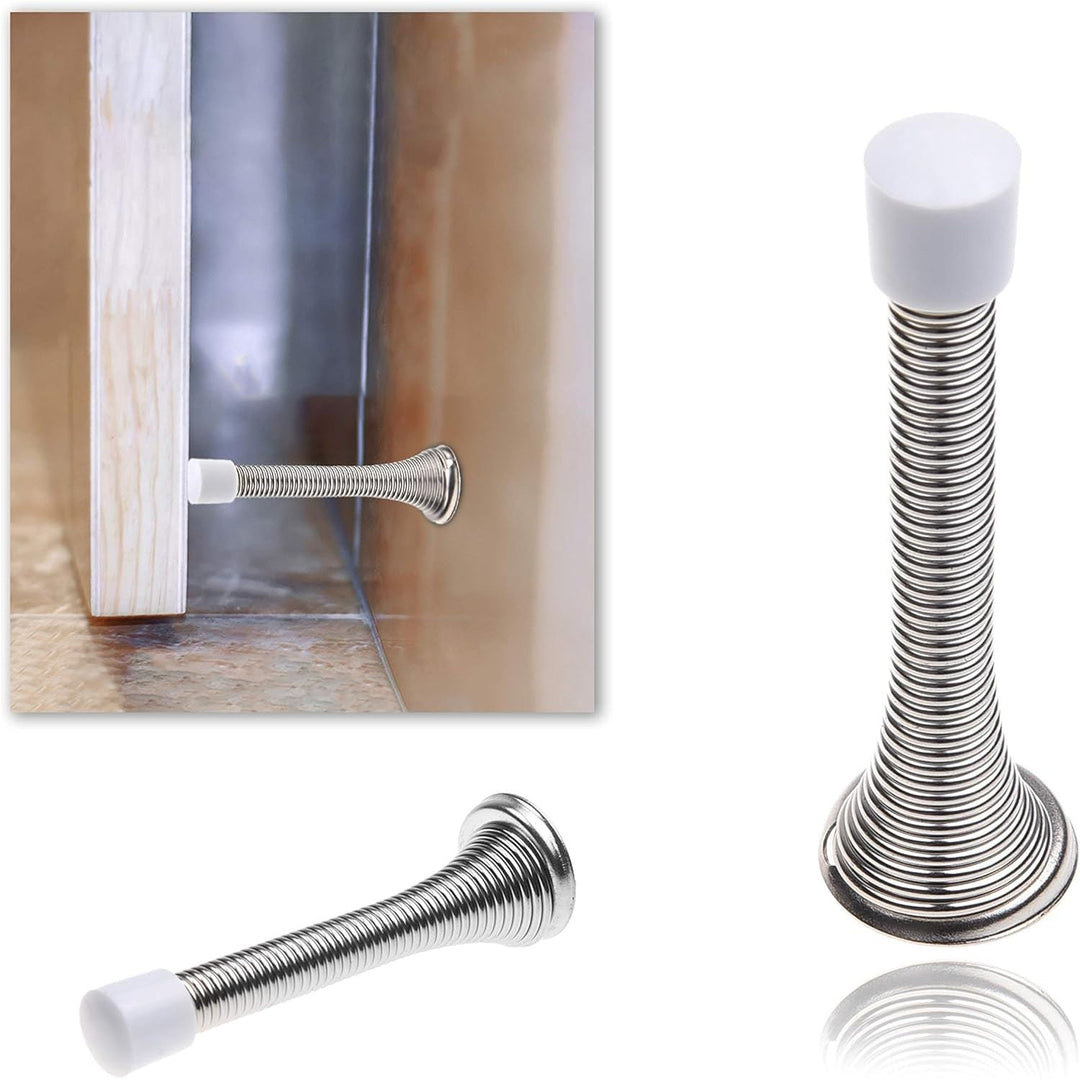4X Spring Door Stoppers (Silver) - Screw-in Flexible Steel Stoppers with White Rubber Bumper Tips - Protect Walls from Bumps, Marks and Damages - Kid and Pet Safe - for Homes, Offices - Just Closeouts Canada Inc.