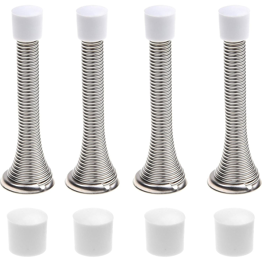 4X Spring Door Stoppers (Silver) - Screw-in Flexible Steel Stoppers with White Rubber Bumper Tips - Protect Walls from Bumps, Marks and Damages - Kid and Pet Safe - for Homes, Offices - Just Closeouts Canada Inc.