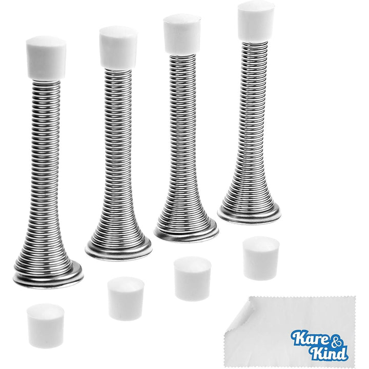 4X Spring Door Stoppers (Silver) - Screw-in Flexible Steel Stoppers with White Rubber Bumper Tips - Protect Walls from Bumps, Marks and Damages - Kid and Pet Safe - for Homes, Offices - Just Closeouts Canada Inc.