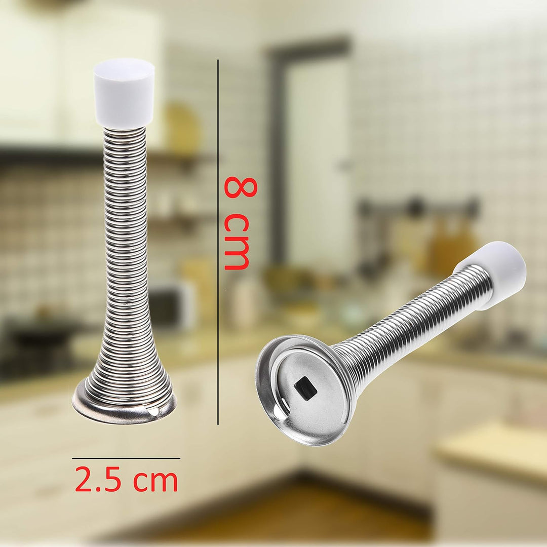 4X Spring Door Stoppers (Silver) - Screw-in Flexible Steel Stoppers with White Rubber Bumper Tips - Protect Walls from Bumps, Marks and Damages - Kid and Pet Safe - for Homes, Offices - Just Closeouts Canada Inc.